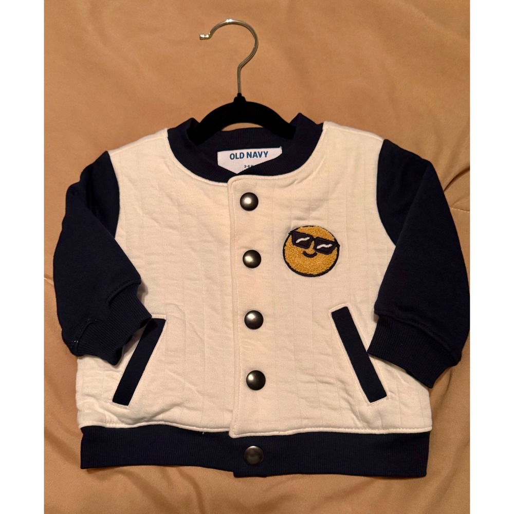 Old Navy Baby Boy Varsity Bomber Jacket Cream Navy Blue Smiley Face 3-6 Months